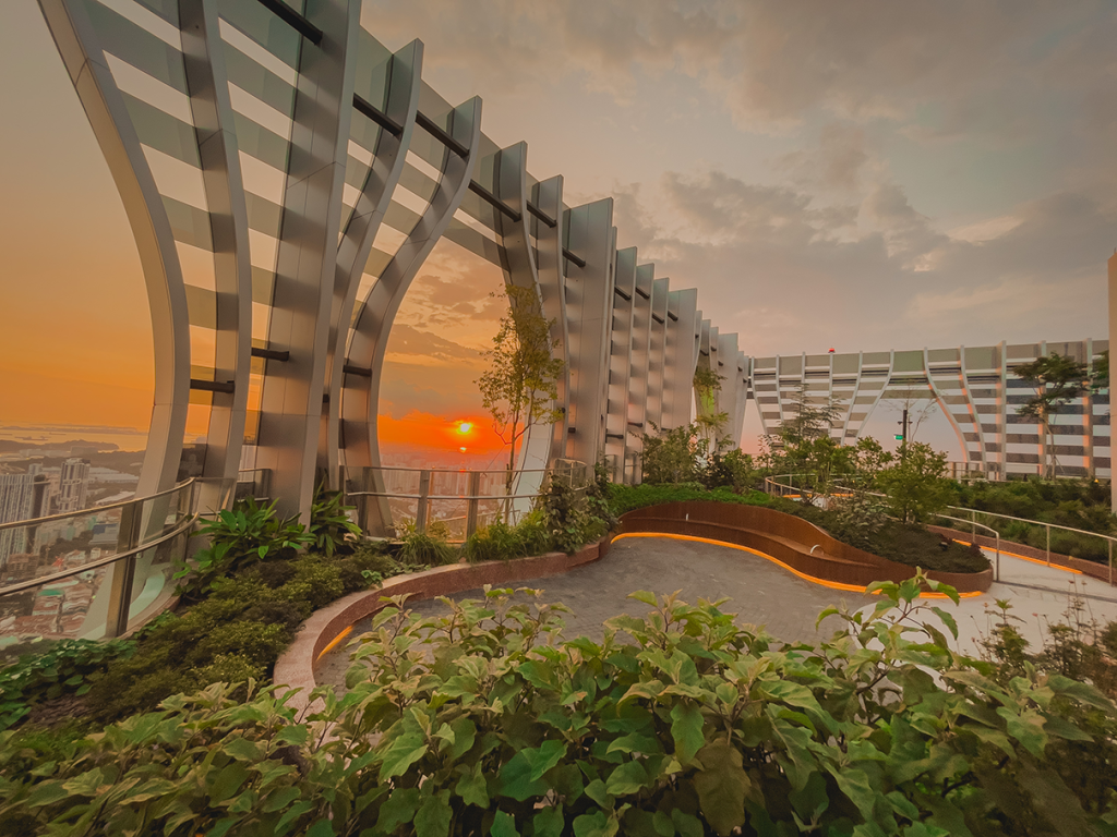 Sunset over the 1-Arden sky garden at CapitaSpring